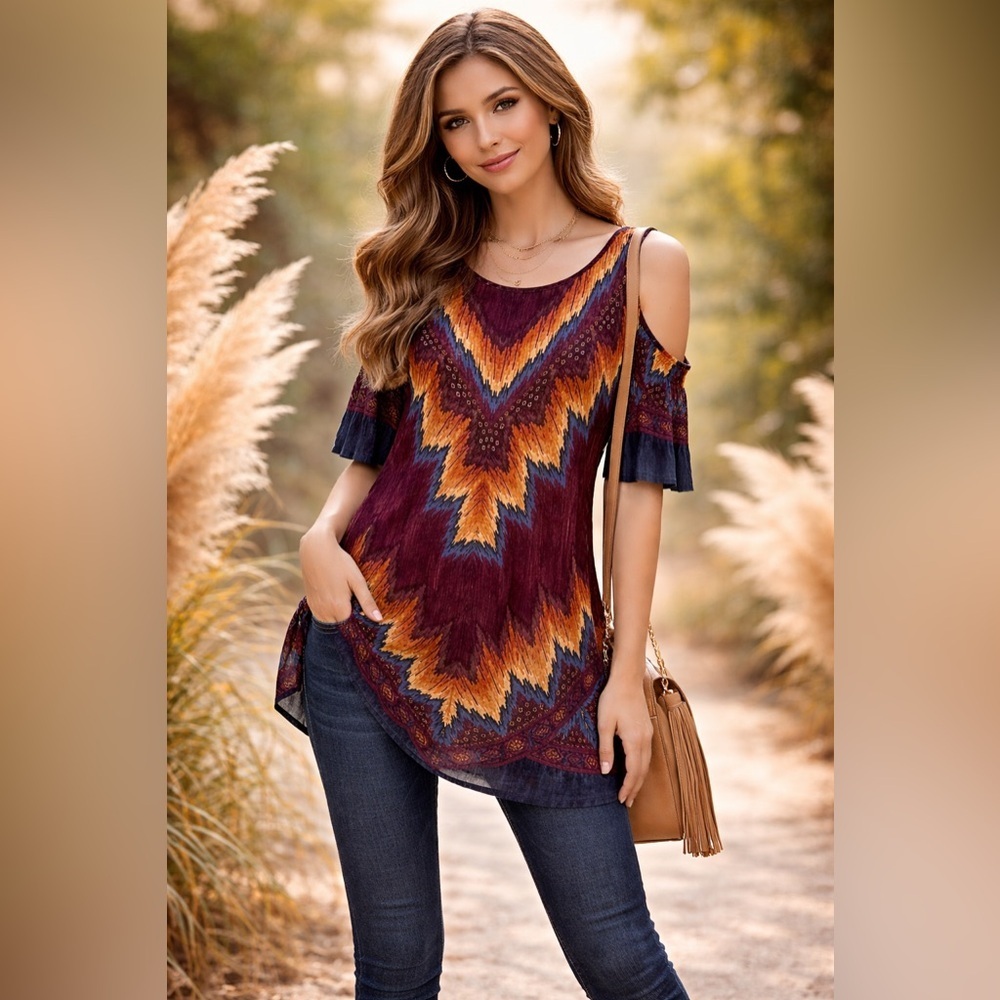 DEMOCRACY~BOHO COLD SHOULDER  TUNIC TOP~TRIBAL VIBE~SM